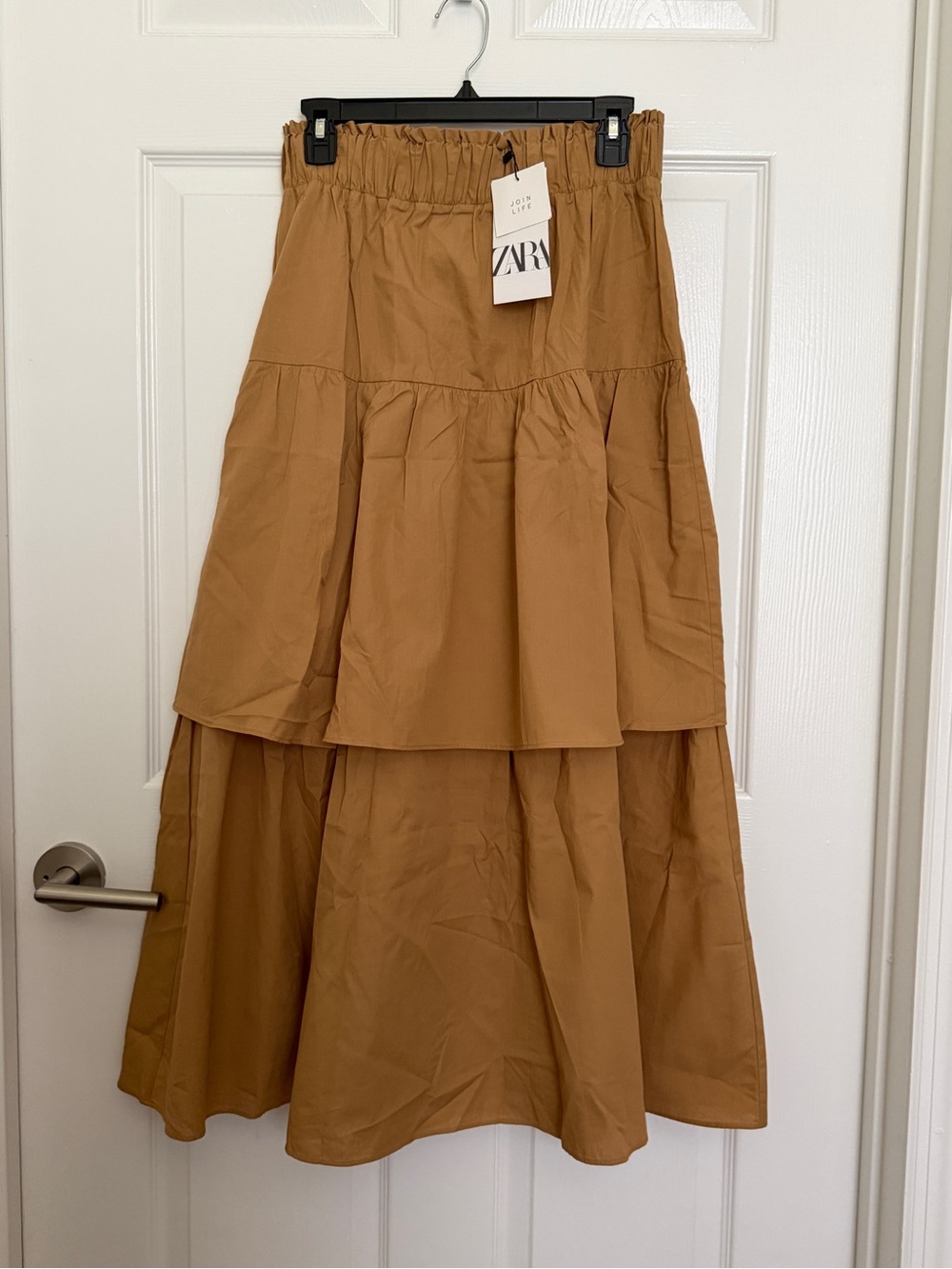 NWT Zara Women’s M Camel Brown Cotton Tiered Maxi Skirt Boho Elastic Waist